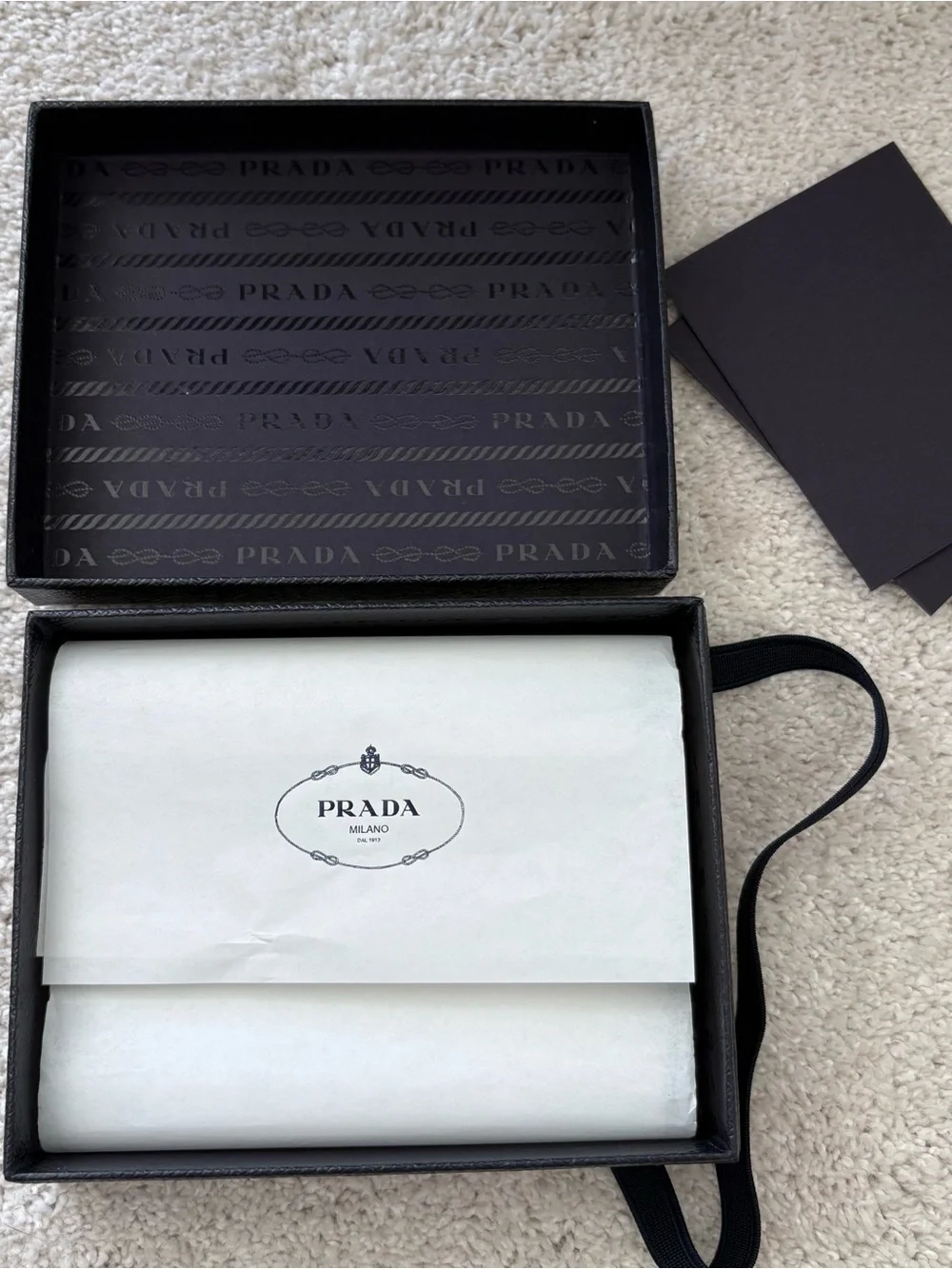 Prada Navy and silver Textured Saffiano Gift box and elastic